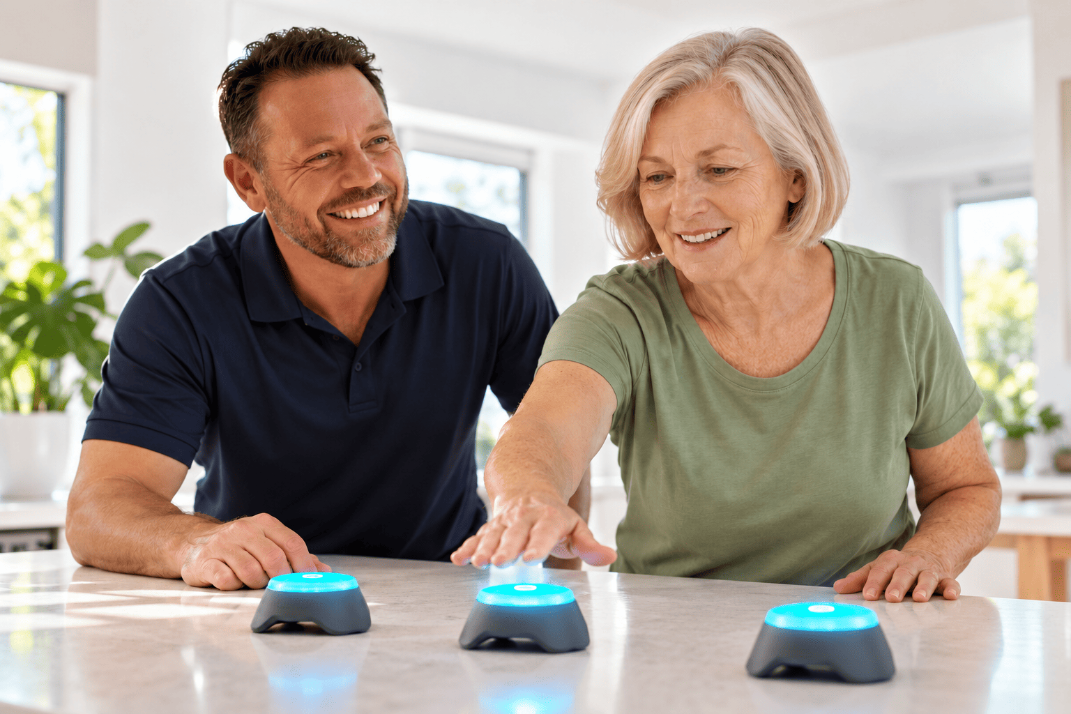 Illustrative scene of Scott Baines guiding a woman through a BlazePods activity at a kitchen bench.