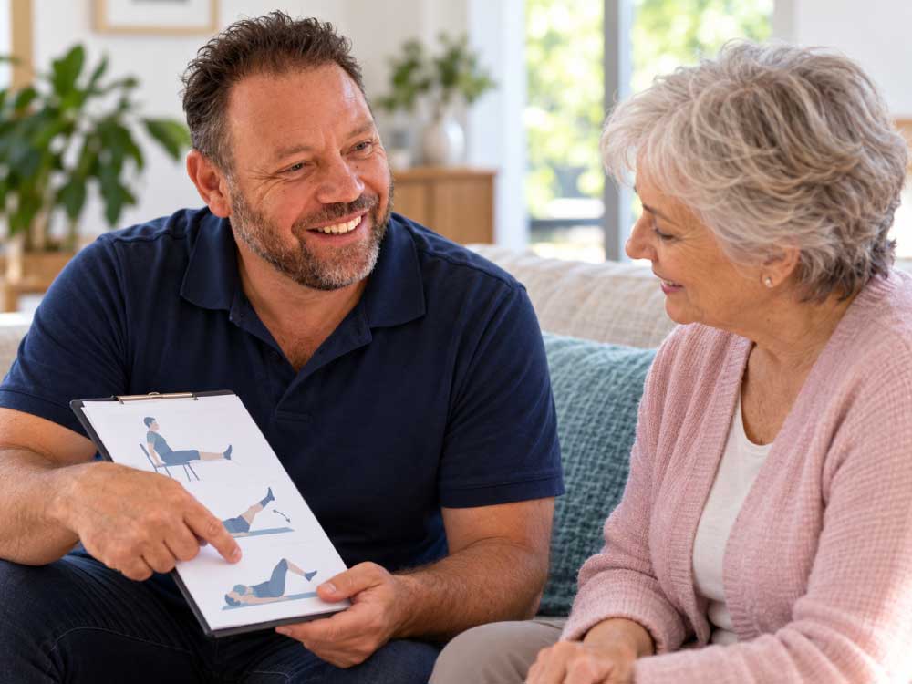Illustrative scene of Scott Baines discussing home exercises with an older patient.