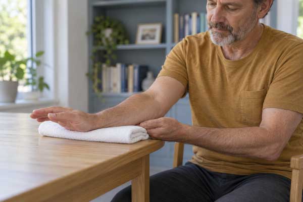 Patient practising wrist range of movement exercises with his forearm supported on a towel.