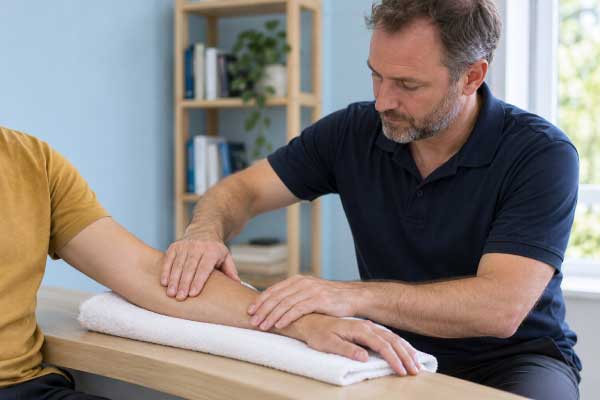 Gentle soft-tissue manual therapy applied to a patient’s supported forearm.