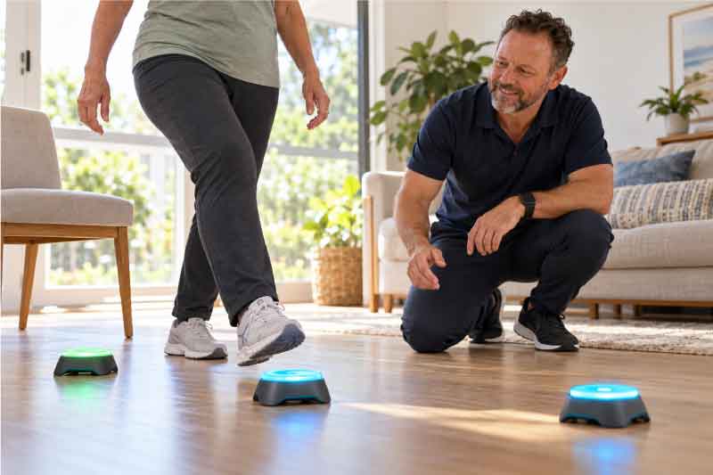 Illustrative scene of Scott Baines supervising a stepping activity with BlazePods during home physiotherapy.
