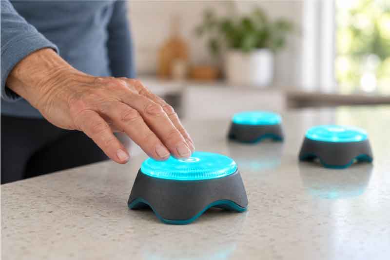 Hand tapping an illuminated BlazePod during a light-based exercise.
