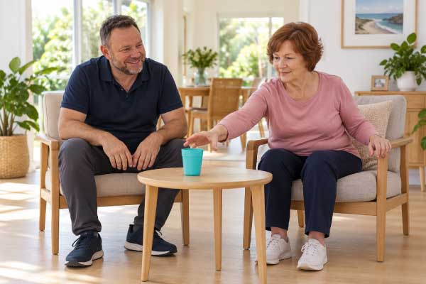 Scott Baines supervising seated reaching practice during home neurological rehabilitation.
