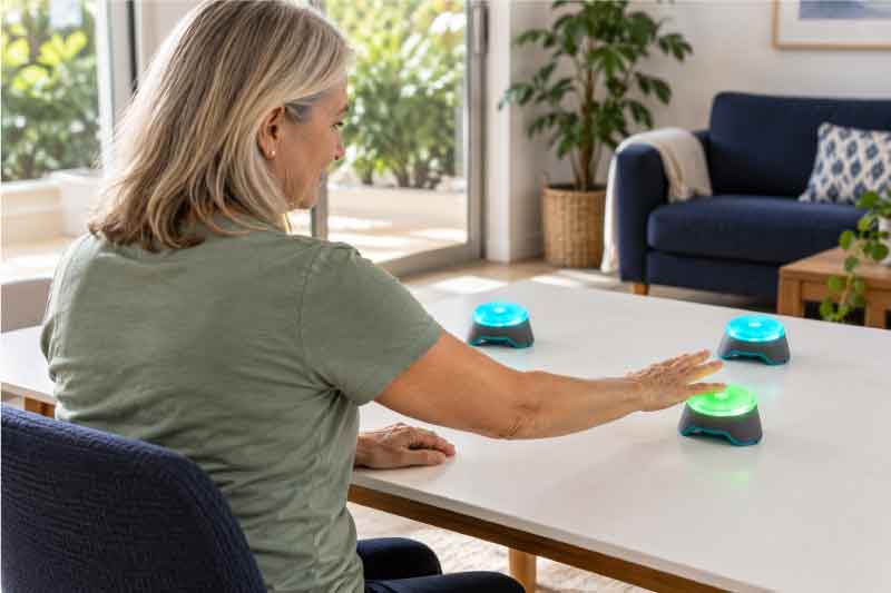 Woman practising a seated reaching activity with coloured BlazePods.