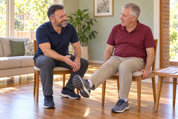 Scott Baines providing physiotherapy education while checking a patient’s seated knee exercise technique.